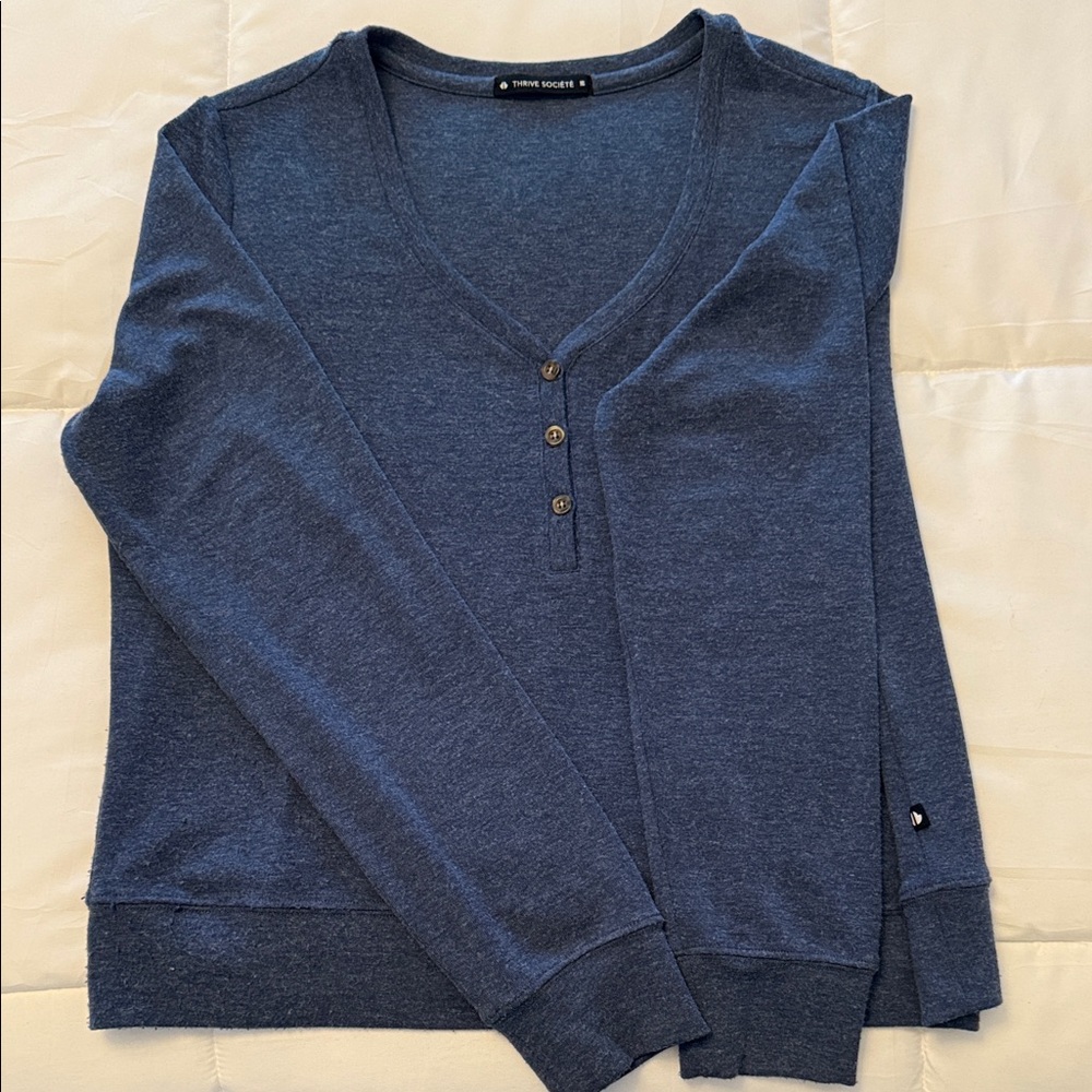 Thrive Societe Blue V-Neck Button Sweater